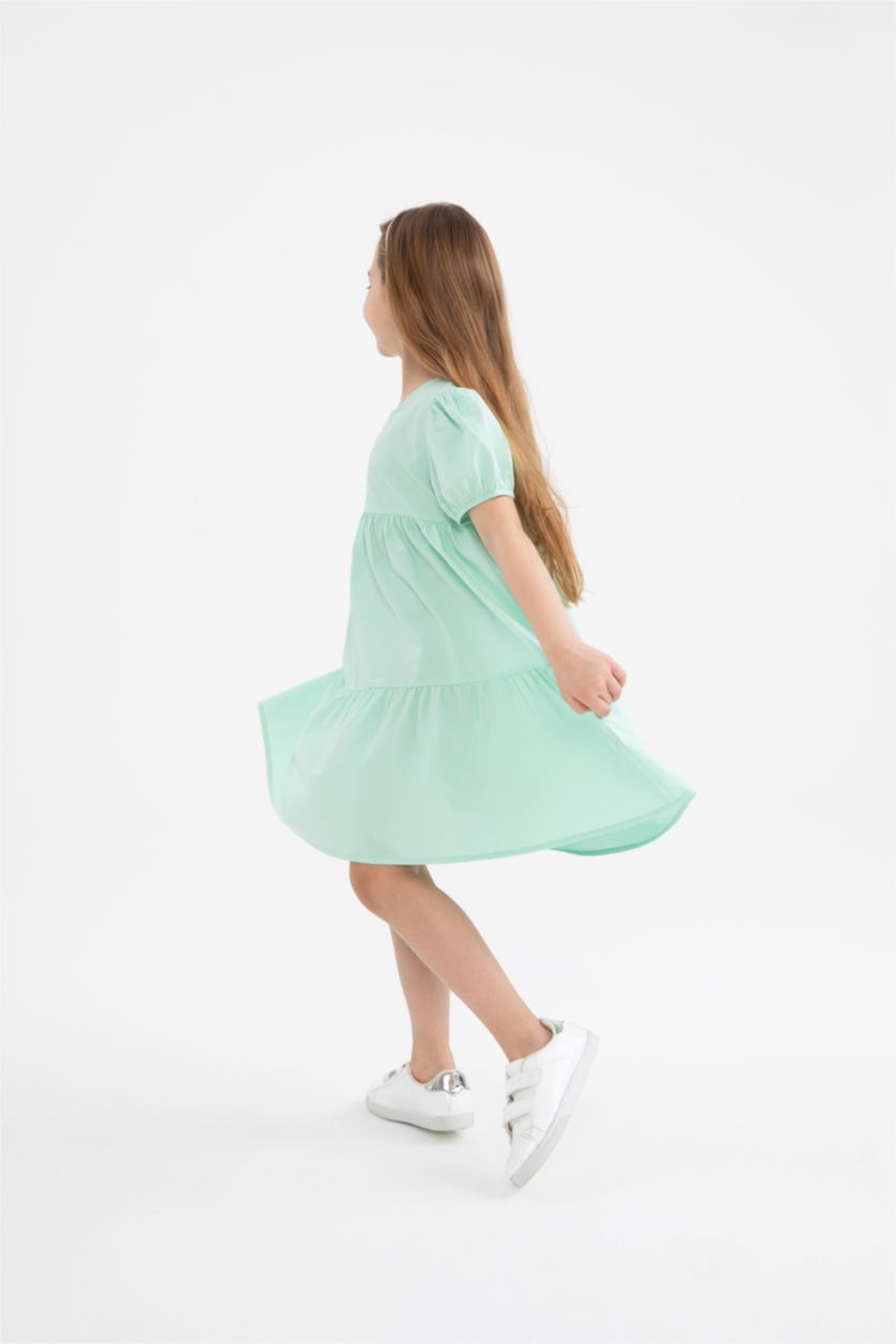 GIRLS & TEENS Light Green Girl Regular Fit Crew Neck Short Sleeve Poplin Midi Dress