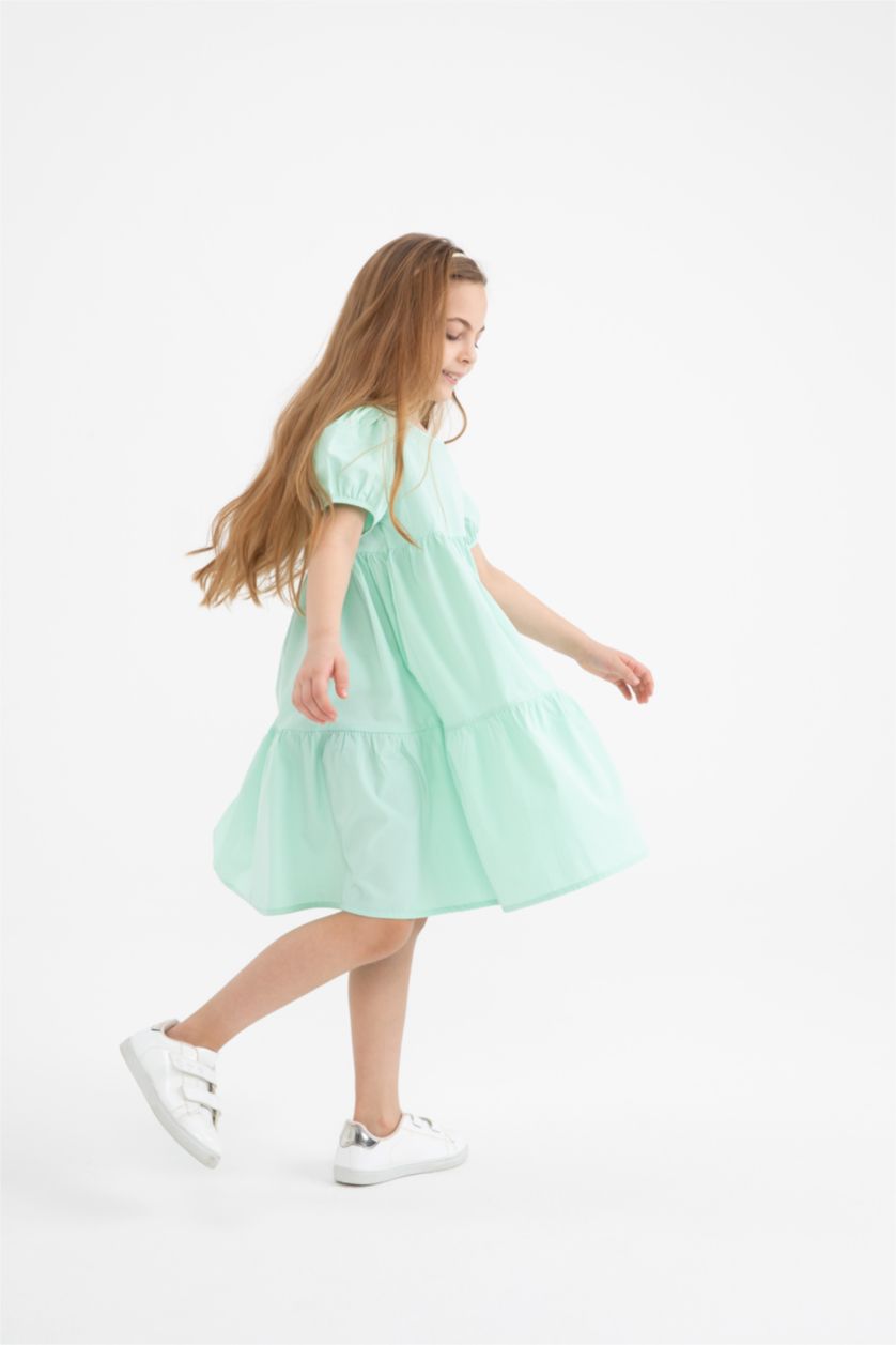 GIRLS & TEENS Light Green Girl Regular Fit Crew Neck Short Sleeve Poplin Midi Dress