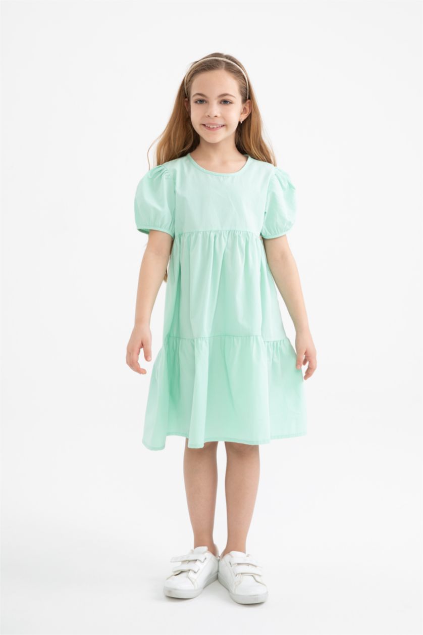 GIRLS & TEENS Light Green Girl Regular Fit Crew Neck Short Sleeve Poplin Midi Dress