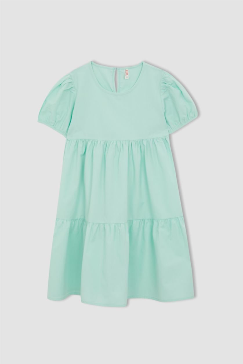 GIRLS & TEENS Light Green Girl Regular Fit Crew Neck Short Sleeve Poplin Midi Dress