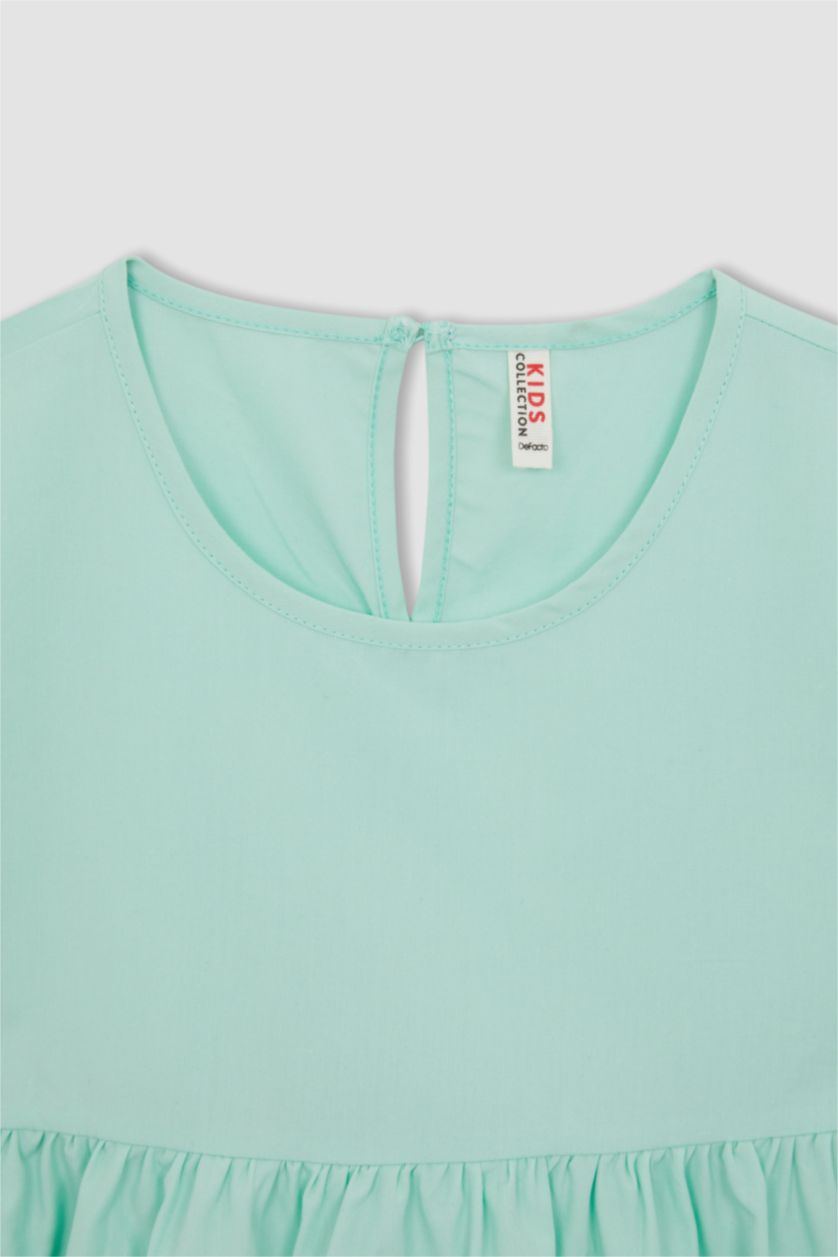 GIRLS & TEENS Light Green Girl Regular Fit Crew Neck Short Sleeve Poplin Midi Dress