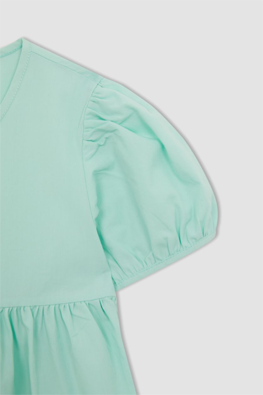 GIRLS & TEENS Light Green Girl Regular Fit Crew Neck Short Sleeve Poplin Midi Dress