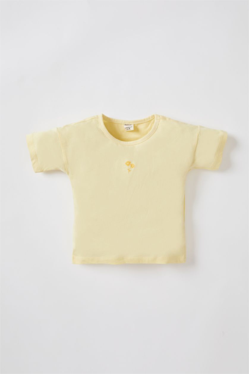 طفلة صغيرة أصفر فاتح تي شيرت بناتي بقصة عادية مطرز بالزهور بياقة دائرية