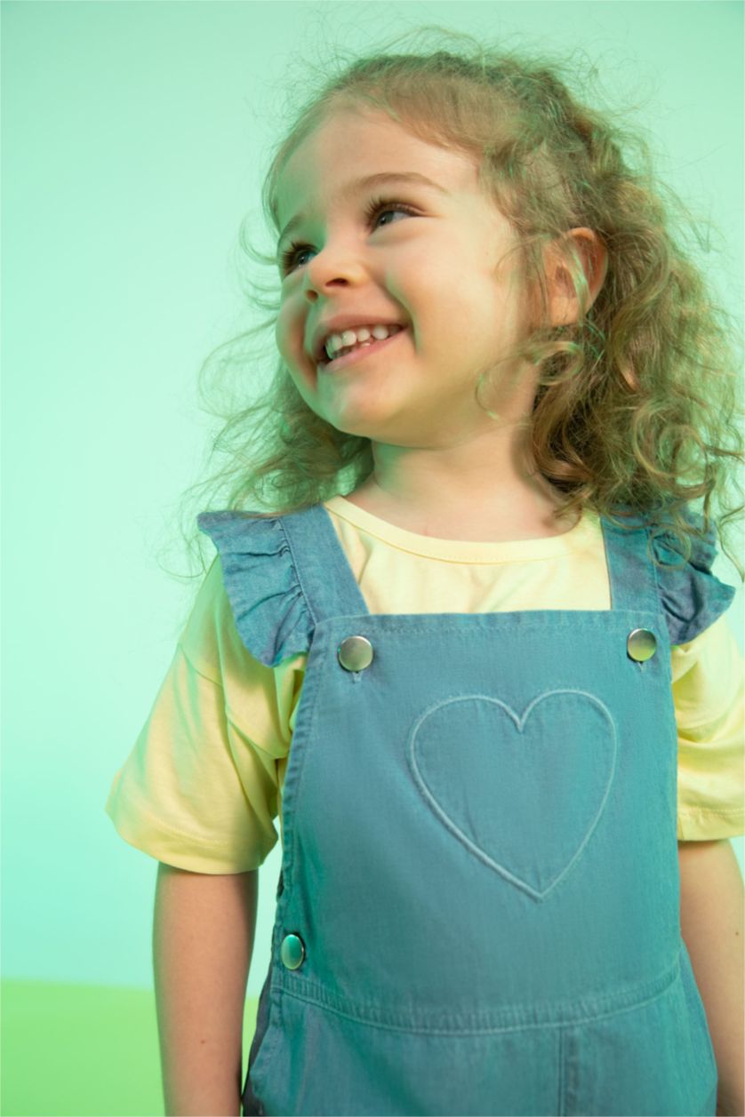 طفلة صغيرة أصفر فاتح تي شيرت بناتي بقصة عادية مطرز بالزهور بياقة دائرية