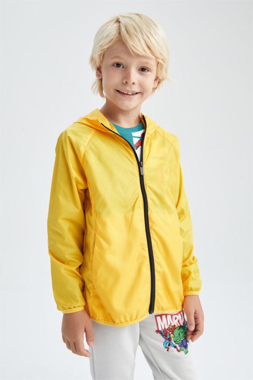 أولاد أصفر معطف مطري بغطاء للرأس