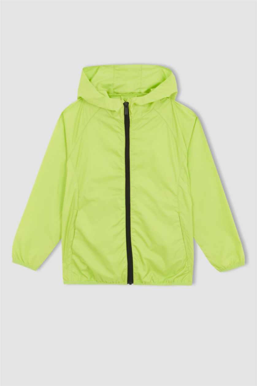 Erkek Çocuk - Genç Erkek Yeşil Erkek Çocuk Regular Fit Kapüşonlu Uzun Mevsimlik Yağmurluk
