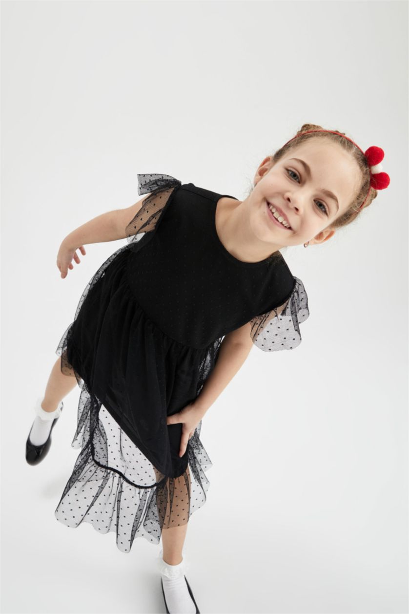 FILLES Noir Robe En Tricot Manche Courte