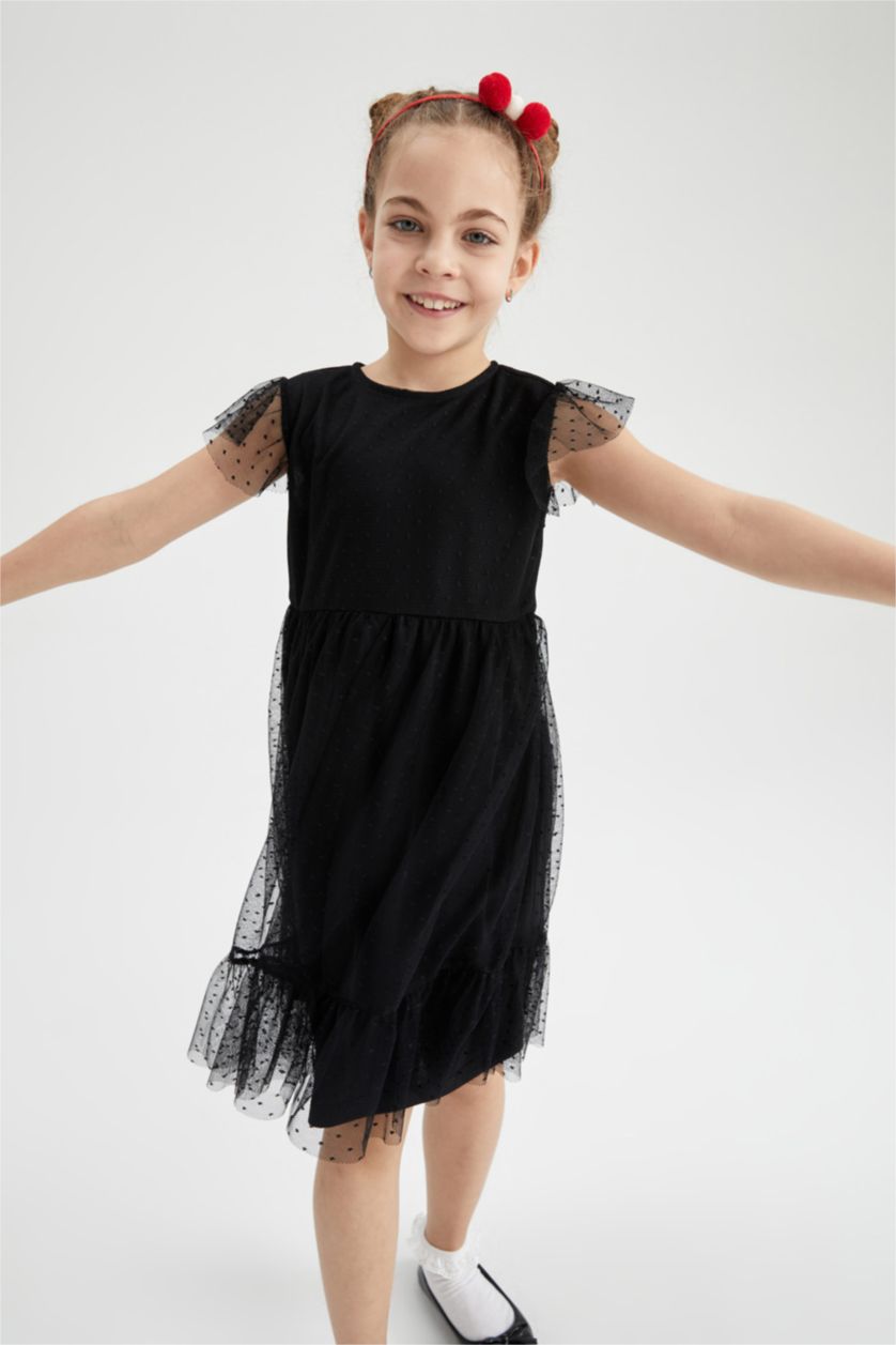 FILLES Noir Robe En Tricot Manche Courte