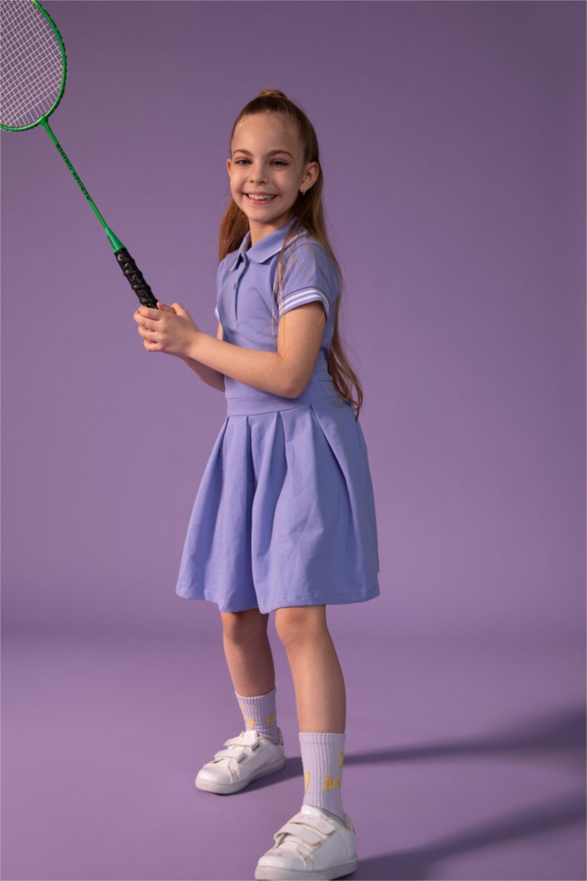 FILLES Bleu Robe mi-longue plissée à manches courtes et col polo pour fille