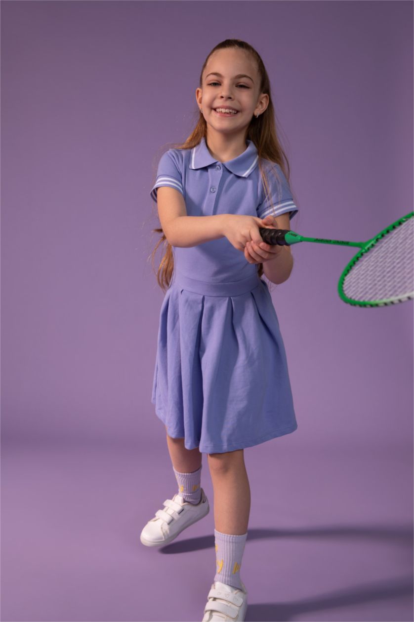 FILLES Bleu Robe mi-longue plissée à manches courtes et col polo pour fille