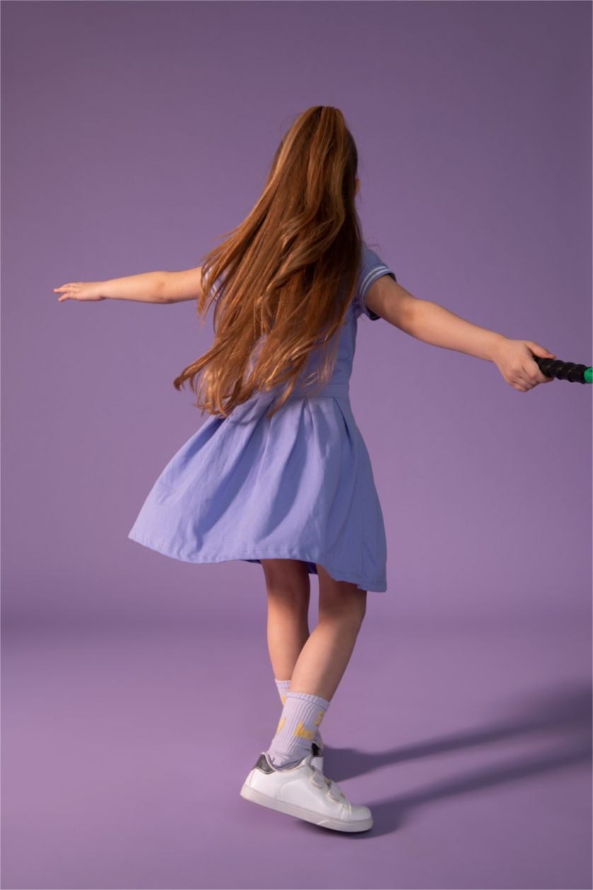 FILLES Bleu Robe mi-longue plissée à manches courtes et col polo pour fille