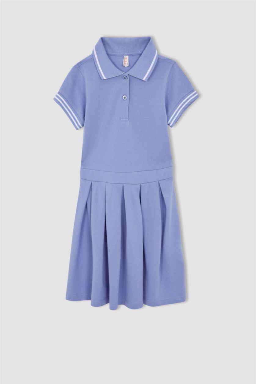 FILLES Bleu Robe mi-longue plissée à manches courtes et col polo pour fille