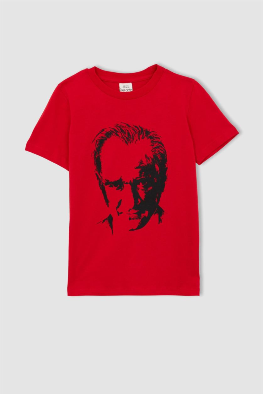 Erkek Çocuk - Genç Erkek Kırmızı Erkek Çocuk Bisiklet Yaka Atatürk Baskılı Pamuklu Penye Kısa Kollu Kırmızı Tişört