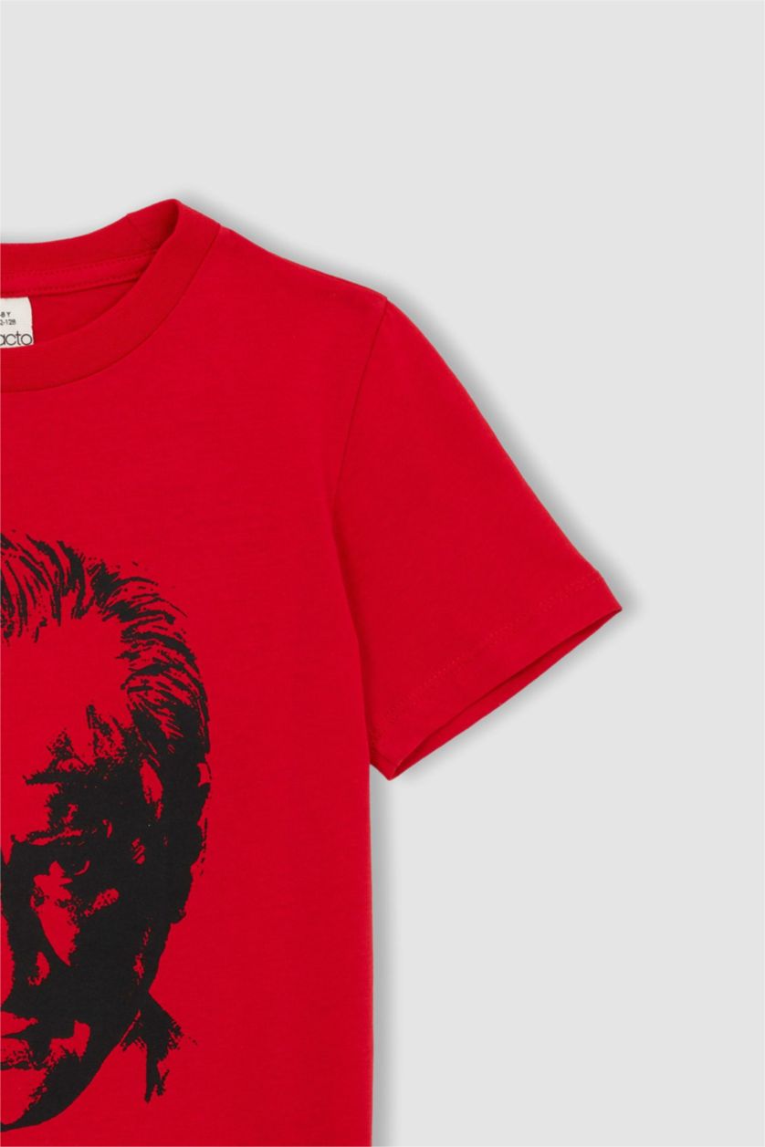 Erkek Çocuk - Genç Erkek Kırmızı Erkek Çocuk Bisiklet Yaka Atatürk Baskılı Pamuklu Penye Kısa Kollu Kırmızı Tişört