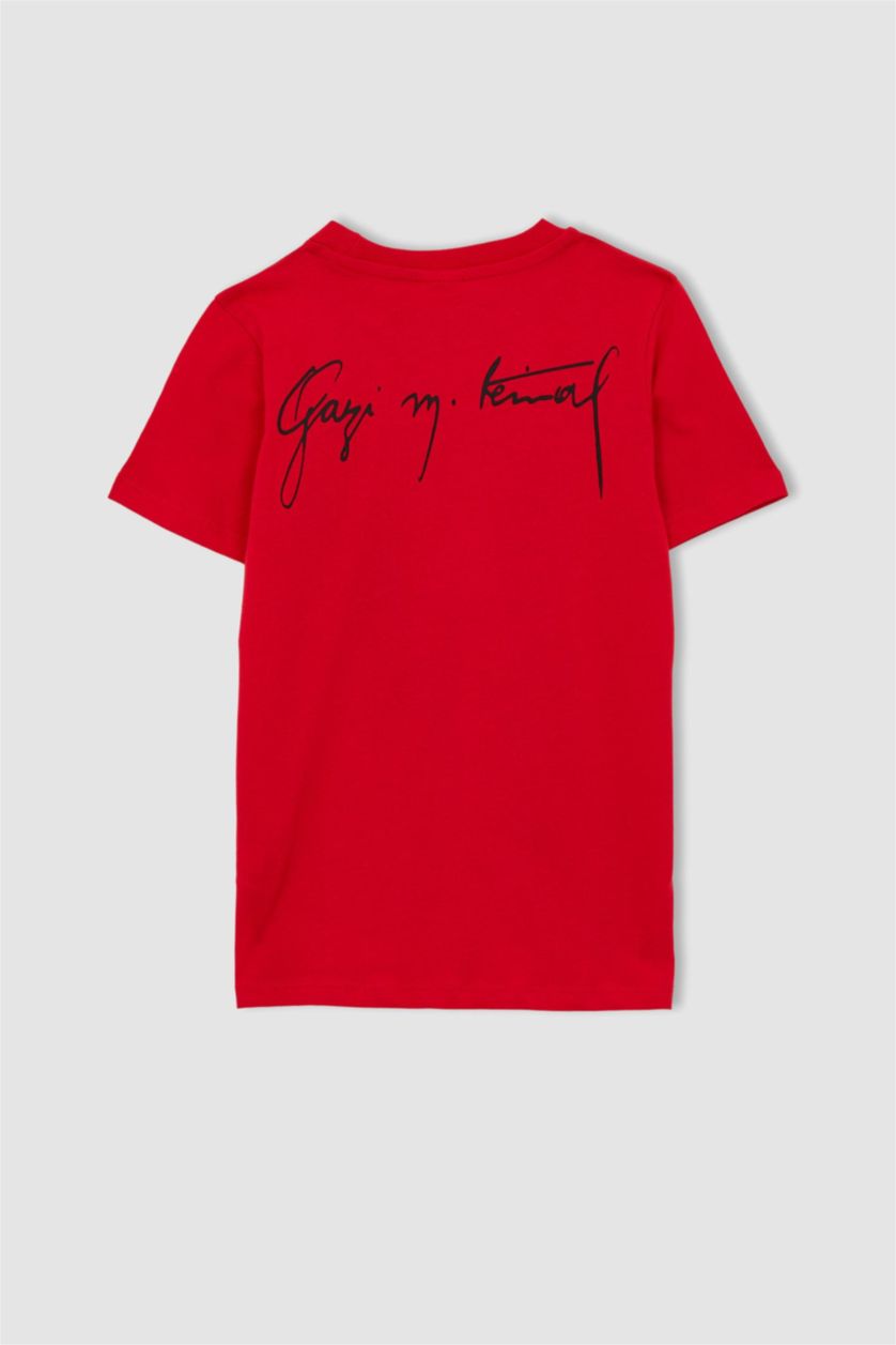 Erkek Çocuk - Genç Erkek Kırmızı Erkek Çocuk Bisiklet Yaka Atatürk Baskılı Pamuklu Penye Kısa Kollu Kırmızı Tişört