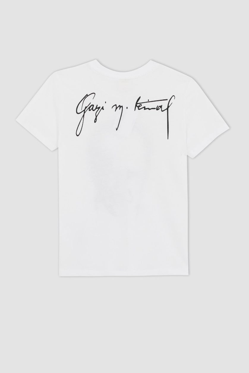 Erkek Çocuk - Genç Erkek Beyaz Erkek Çocuk 29 Ekim Cumhuriyet Bayramı Bisiklet Yaka Atatürk Baskılı Pamuklu Penye Kısa Kollu Beyaz Tişört