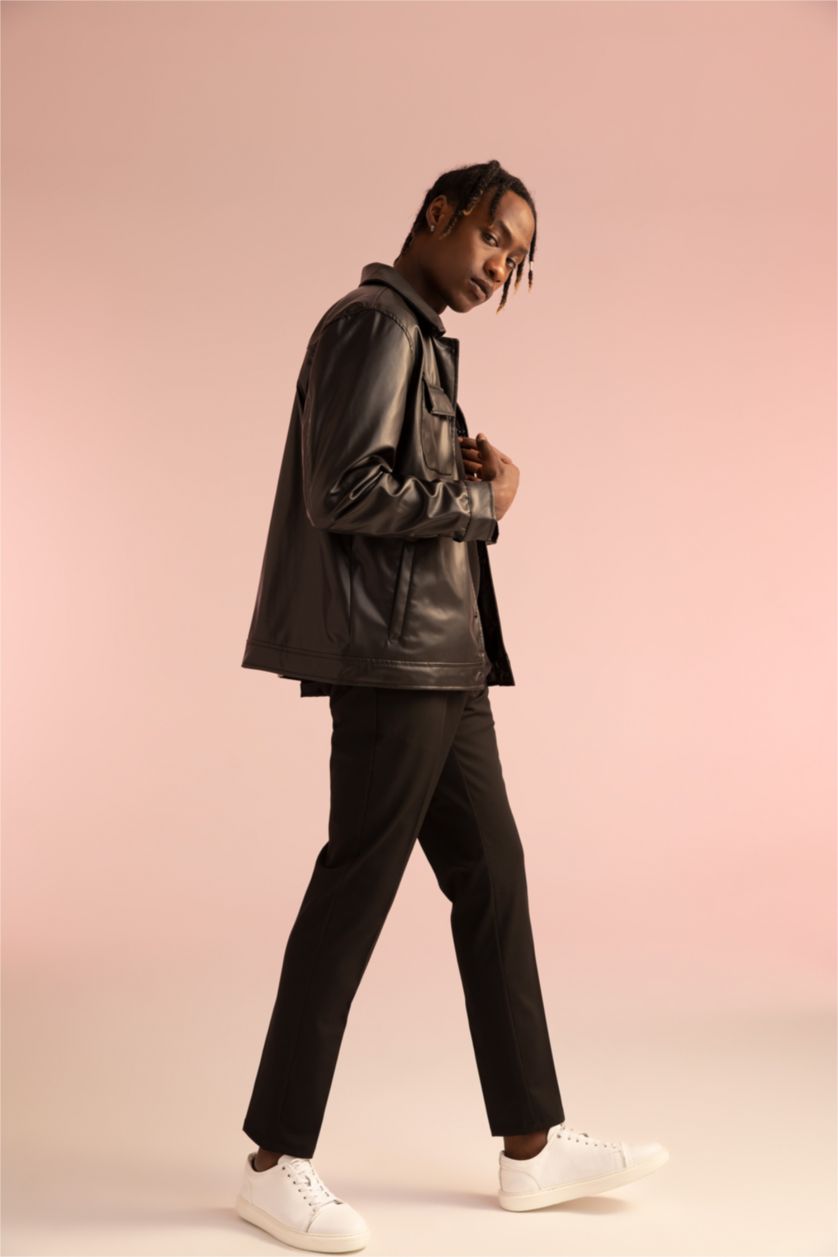 MAN Black Regular Fit Lined Faux Leather Faux Leather Jacket