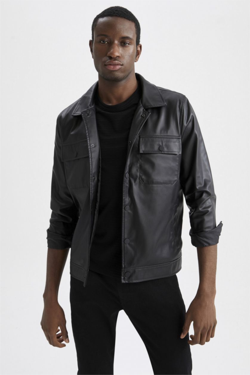 MAN Black Regular Fit Lined Faux Leather Faux Leather Jacket