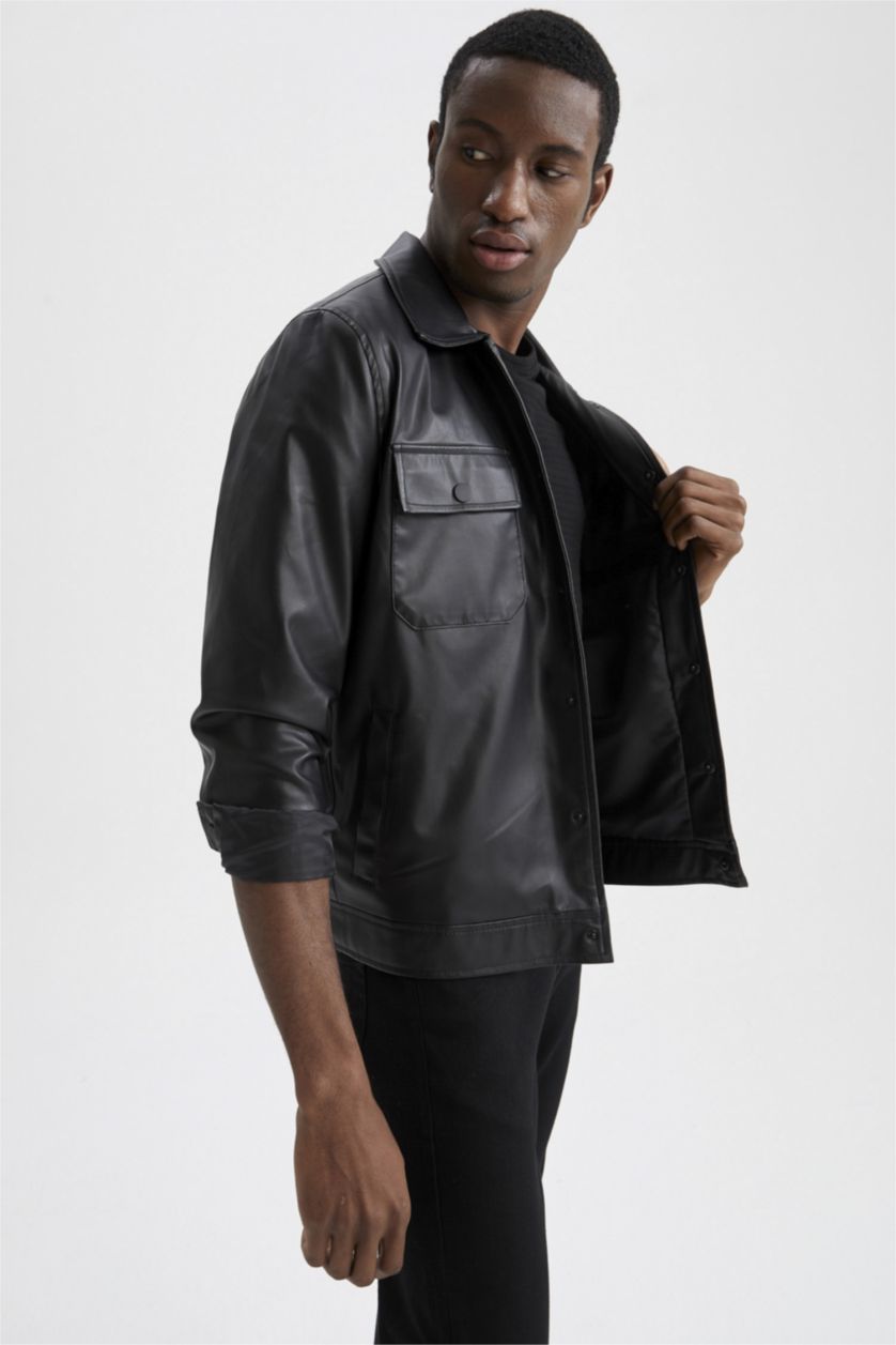 MAN Black Regular Fit Lined Faux Leather Faux Leather Jacket