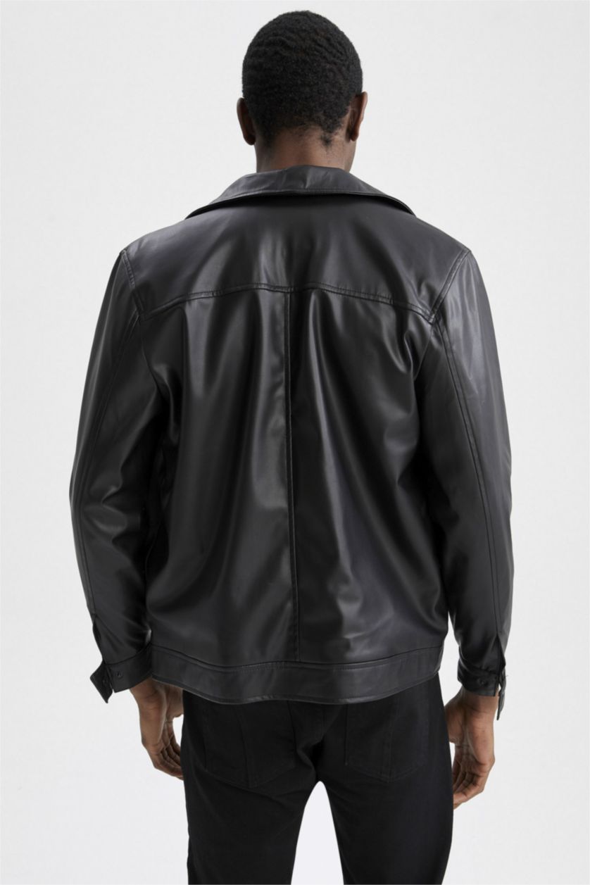 MAN Black Regular Fit Lined Faux Leather Faux Leather Jacket