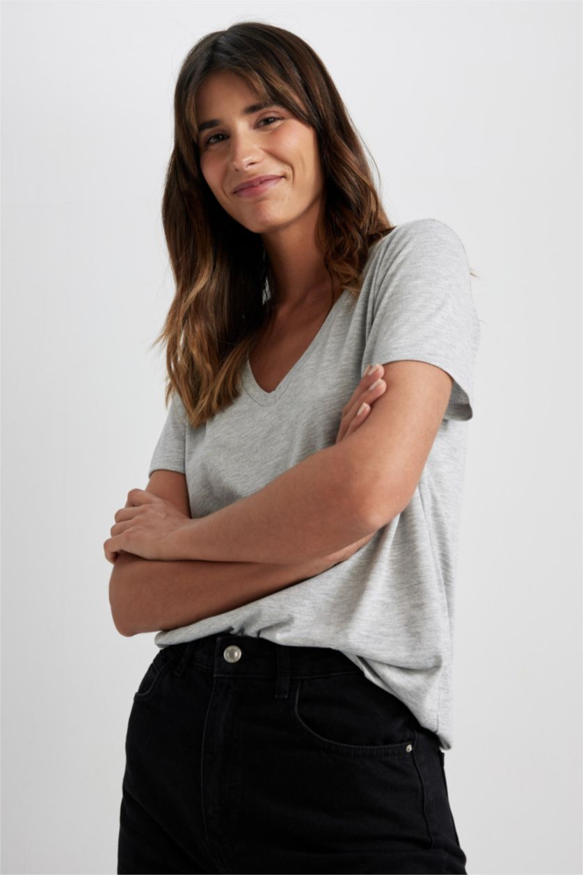 Kadın Gri Melanj Basıc Tişört