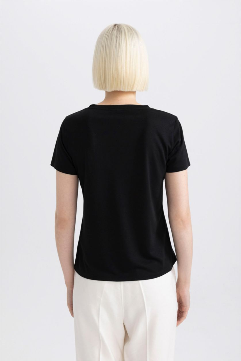 FEMME Noir T-Shirt coupe régulière à Manches Courtes à Col en V