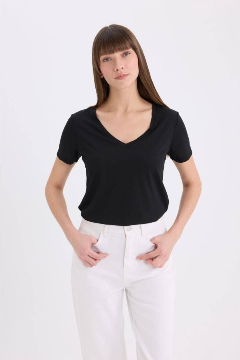 نساء أسود تيشيرت سادة نص ردن قصة عادية بياخة V