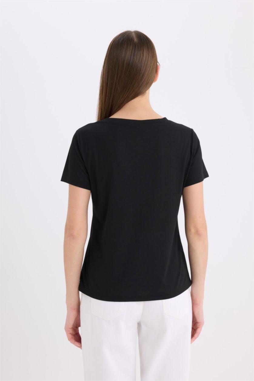 نساء أسود تيشيرت سادة نص ردن قصة عادية بياخة V