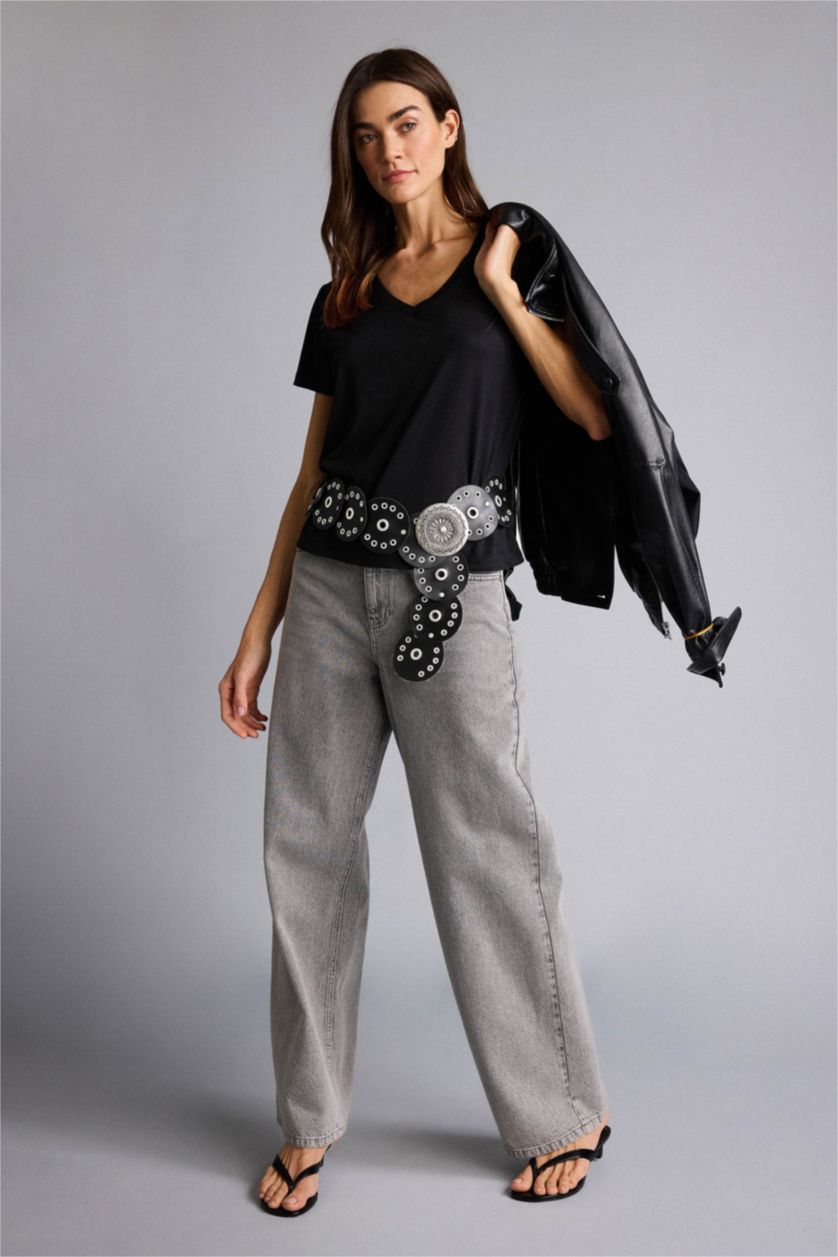 نساء أسود تيشيرت نص ردن بيزك سادة قصة عادية وياقة V