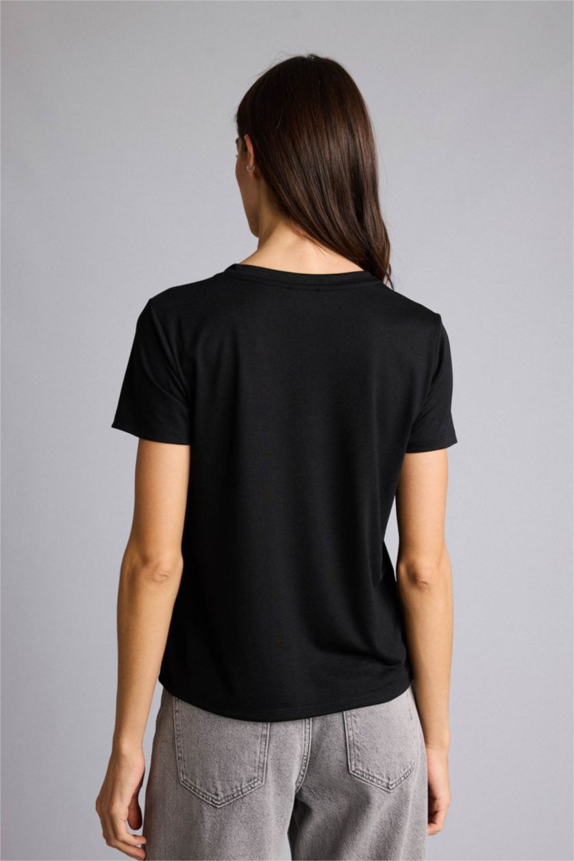 نساء أسود تيشيرت نص ردن بيزك سادة قصة عادية وياقة V