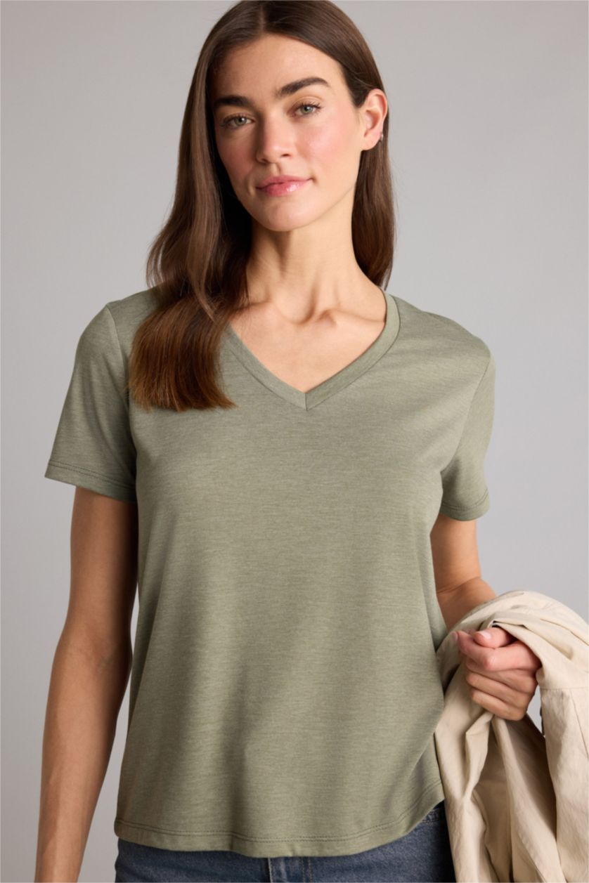 Женщины Зеленый Базовая однотонная футболка Regular Fit с V-образным вырезом и коротким рукавом