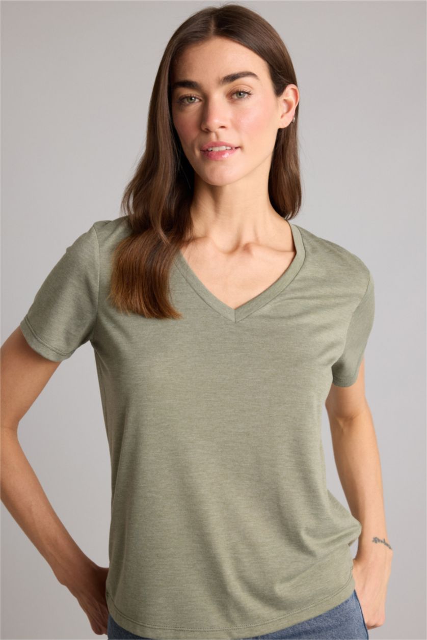 Женщины Зеленый Базовая однотонная футболка Regular Fit с V-образным вырезом и коротким рукавом