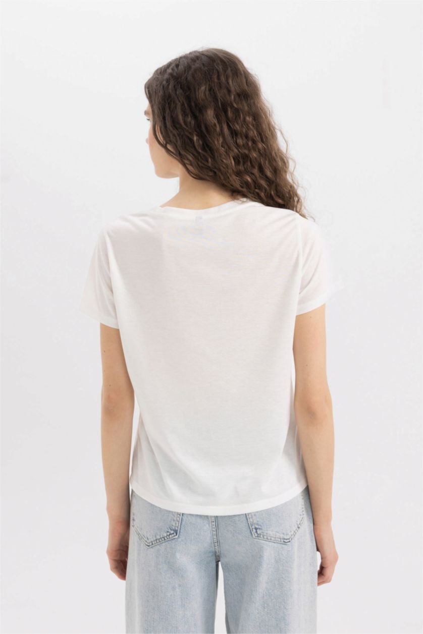 نساء اوف وايت تيشيرت أبيض أساسي نص كم برقبة V قصة عادية