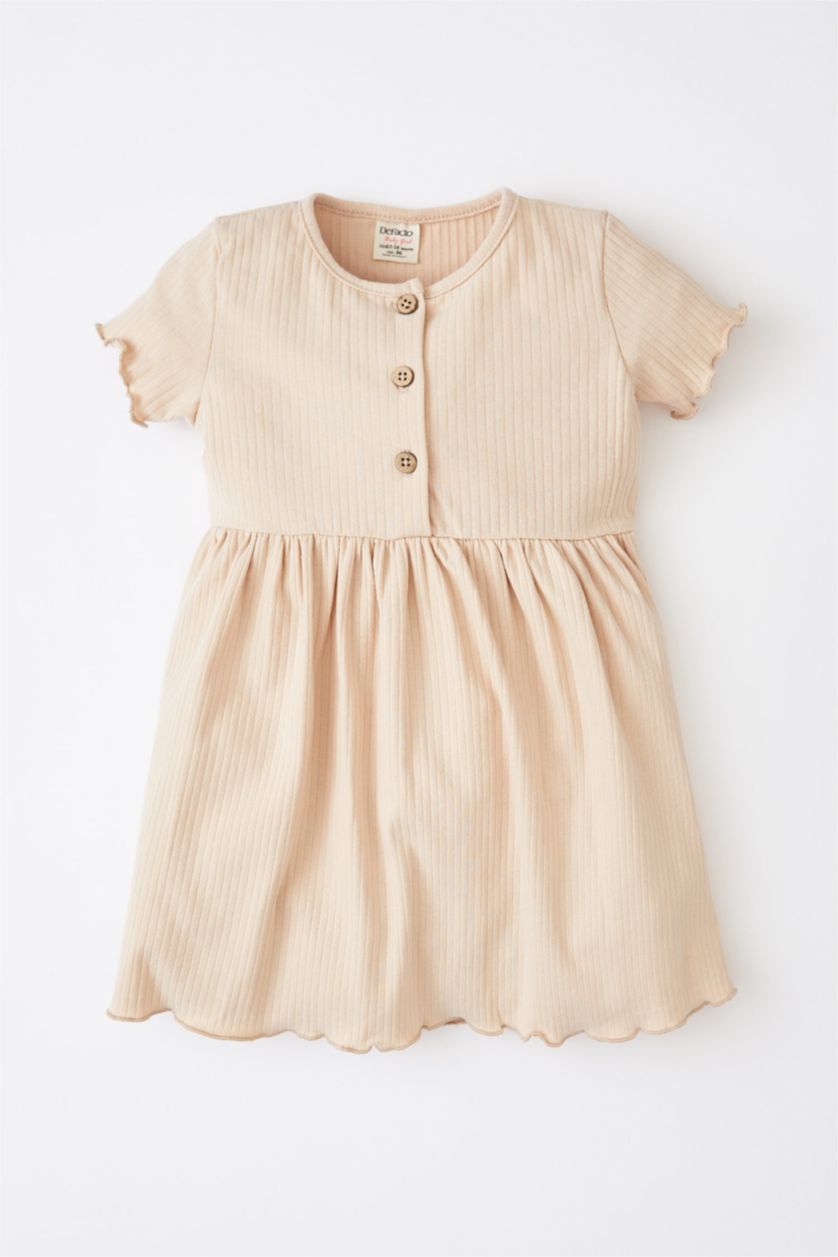 BABY GIRL Beige Baby Girl Crew Neck Basic Buttoned Short Sleeve  Dress