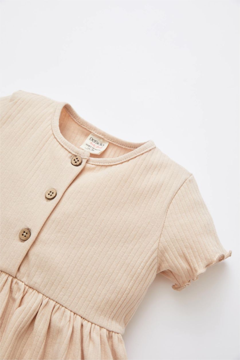BABY GIRL Beige Baby Girl Crew Neck Basic Buttoned Short Sleeve  Dress