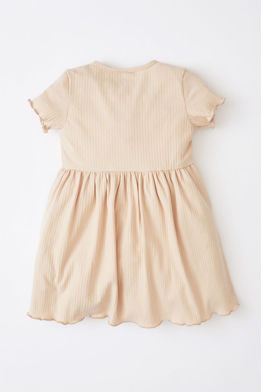 BABY GIRL Beige Baby Girl Crew Neck Basic Buttoned Short Sleeve  Dress
