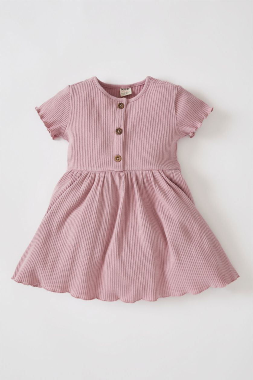 BABY GIRL Light Lilac Baby Girl Crew Neck Basic Buttoned Short Sleeve Ribbed Camisole Dress