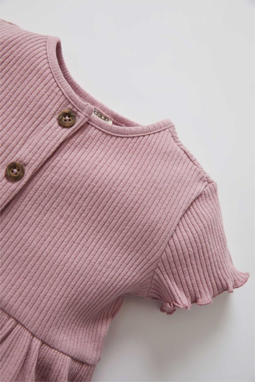 BABY GIRL Light Lilac Baby Girl Crew Neck Basic Buttoned Short Sleeve Ribbed Camisole Dress