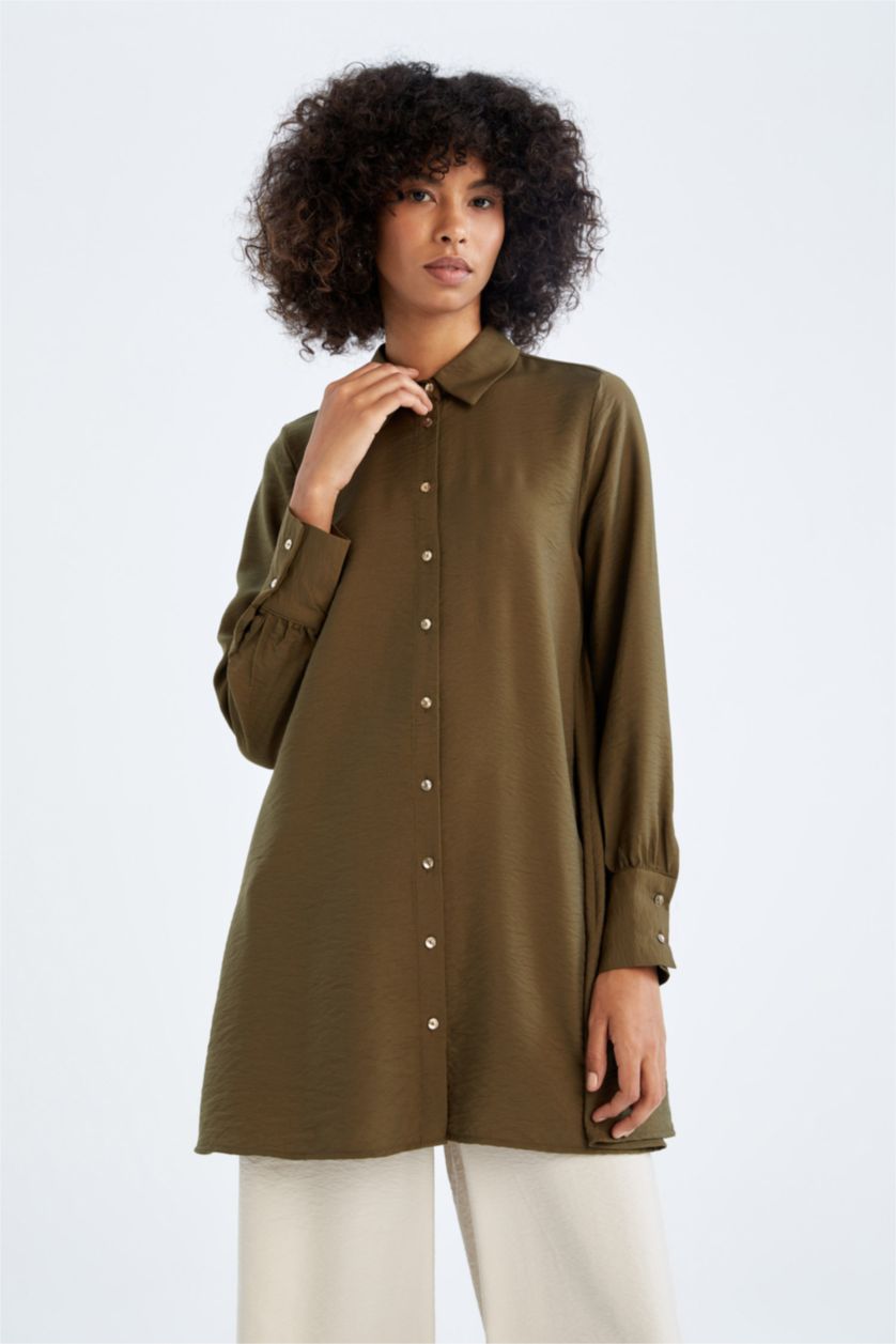 FEMME Kaki Foncé Tunique À Manches Longues Coupe décontractée Col De Chemise