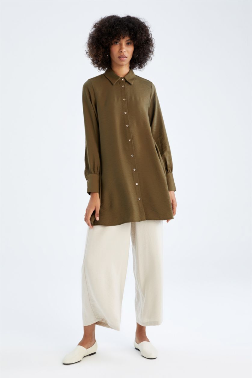 FEMME Kaki Foncé Tunique À Manches Longues Coupe décontractée Col De Chemise