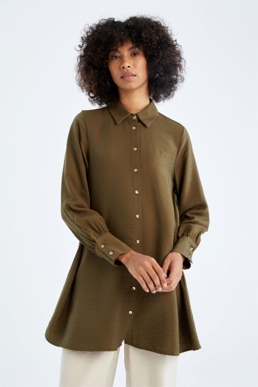 FEMME Kaki Foncé Tunique À Manches Longues Coupe décontractée Col De Chemise