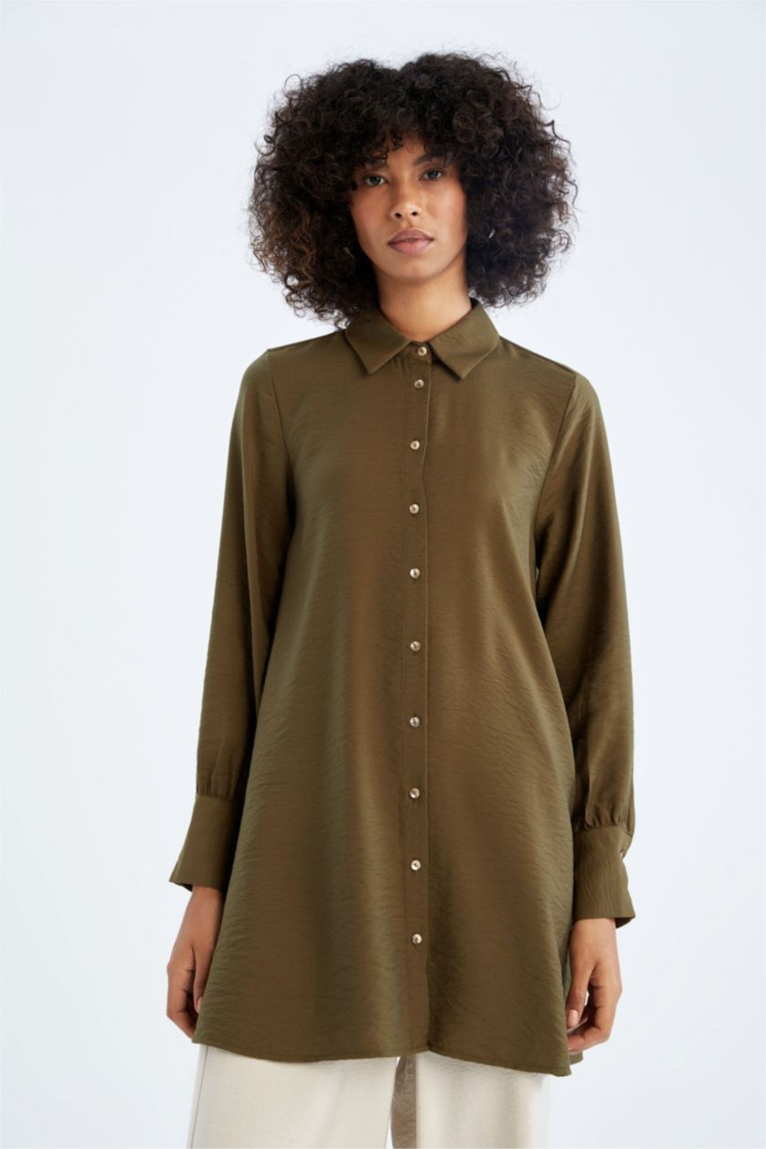 FEMME Kaki Foncé Tunique À Manches Longues Coupe décontractée Col De Chemise