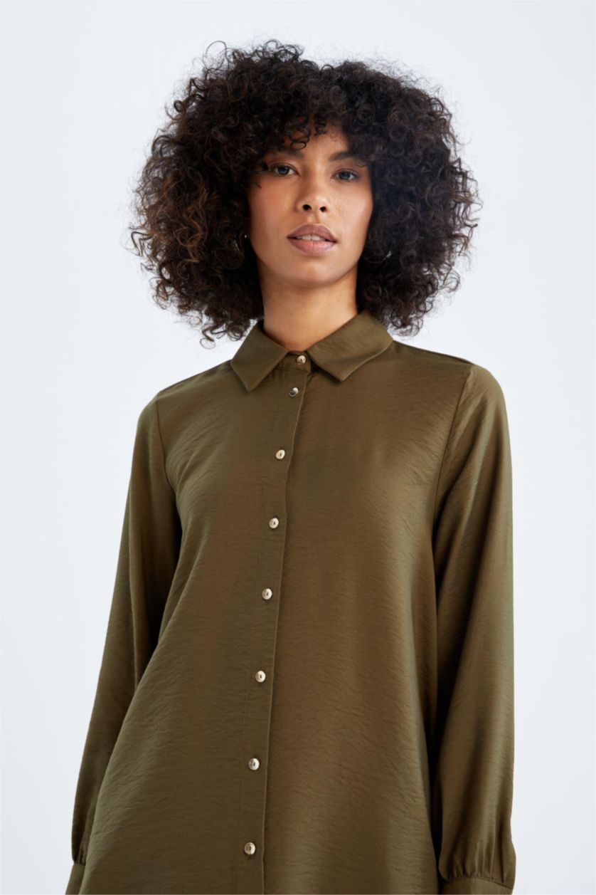 FEMME Kaki Foncé Tunique À Manches Longues Coupe décontractée Col De Chemise