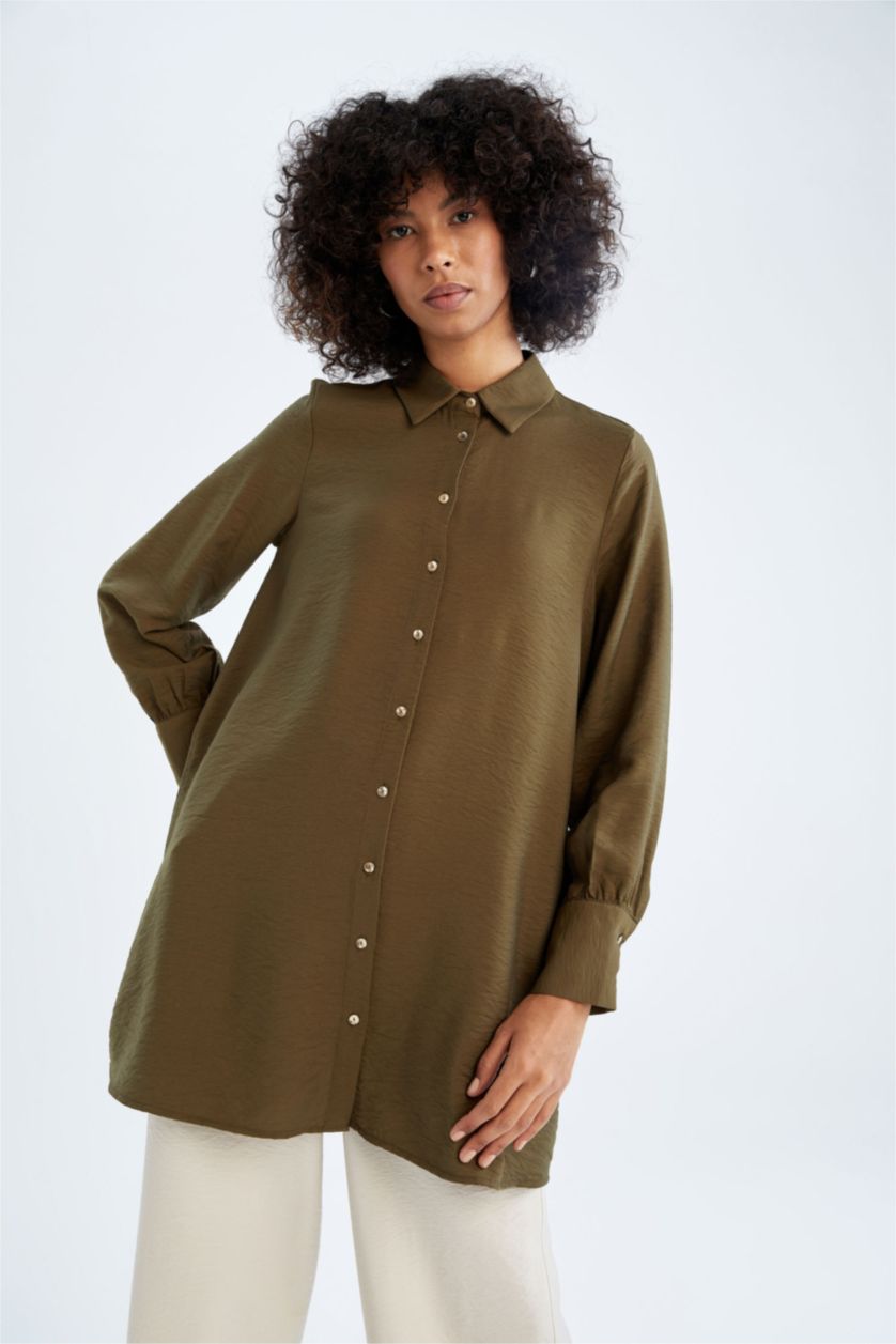 FEMME Kaki Foncé Tunique À Manches Longues Coupe décontractée Col De Chemise