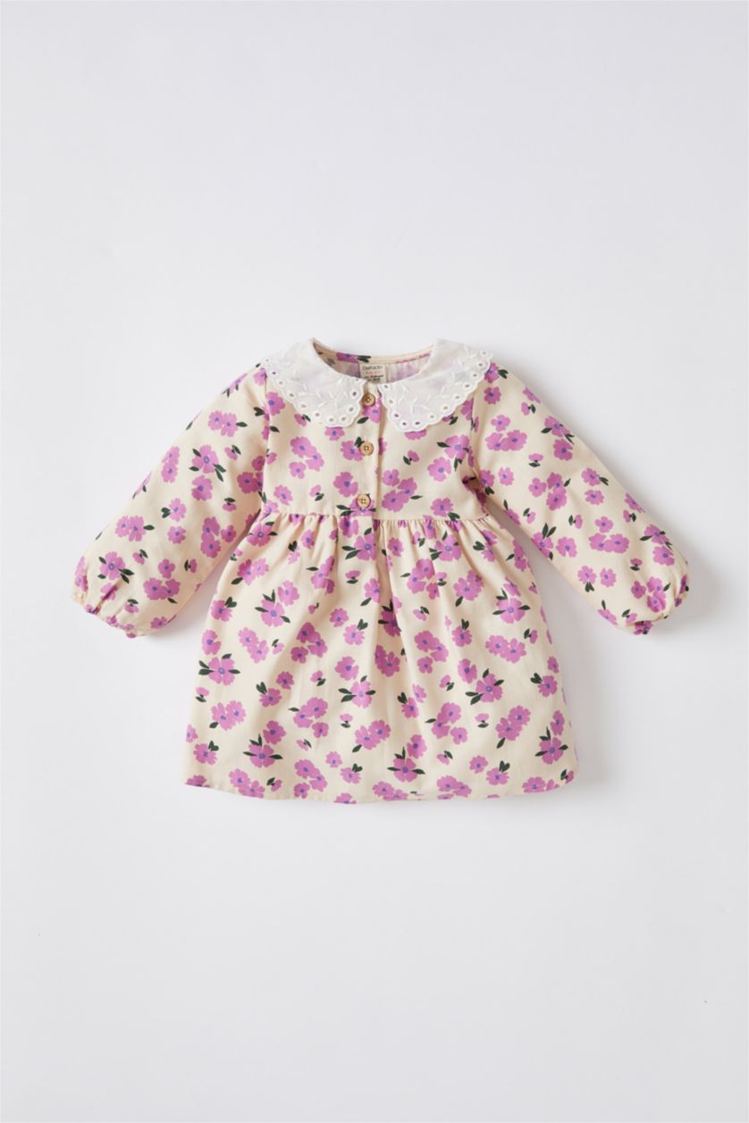 BÉBÉ FILLE Beige Robe en coton à manches longues et à col large pour bébé fille