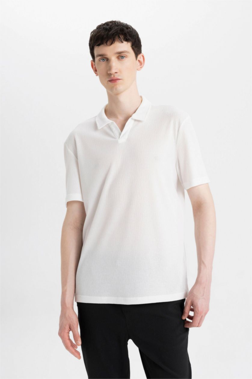 Erkek Kırık Beyaz Slim Fit Dar Kesim Polo Yaka Kısa Kollu Tişört