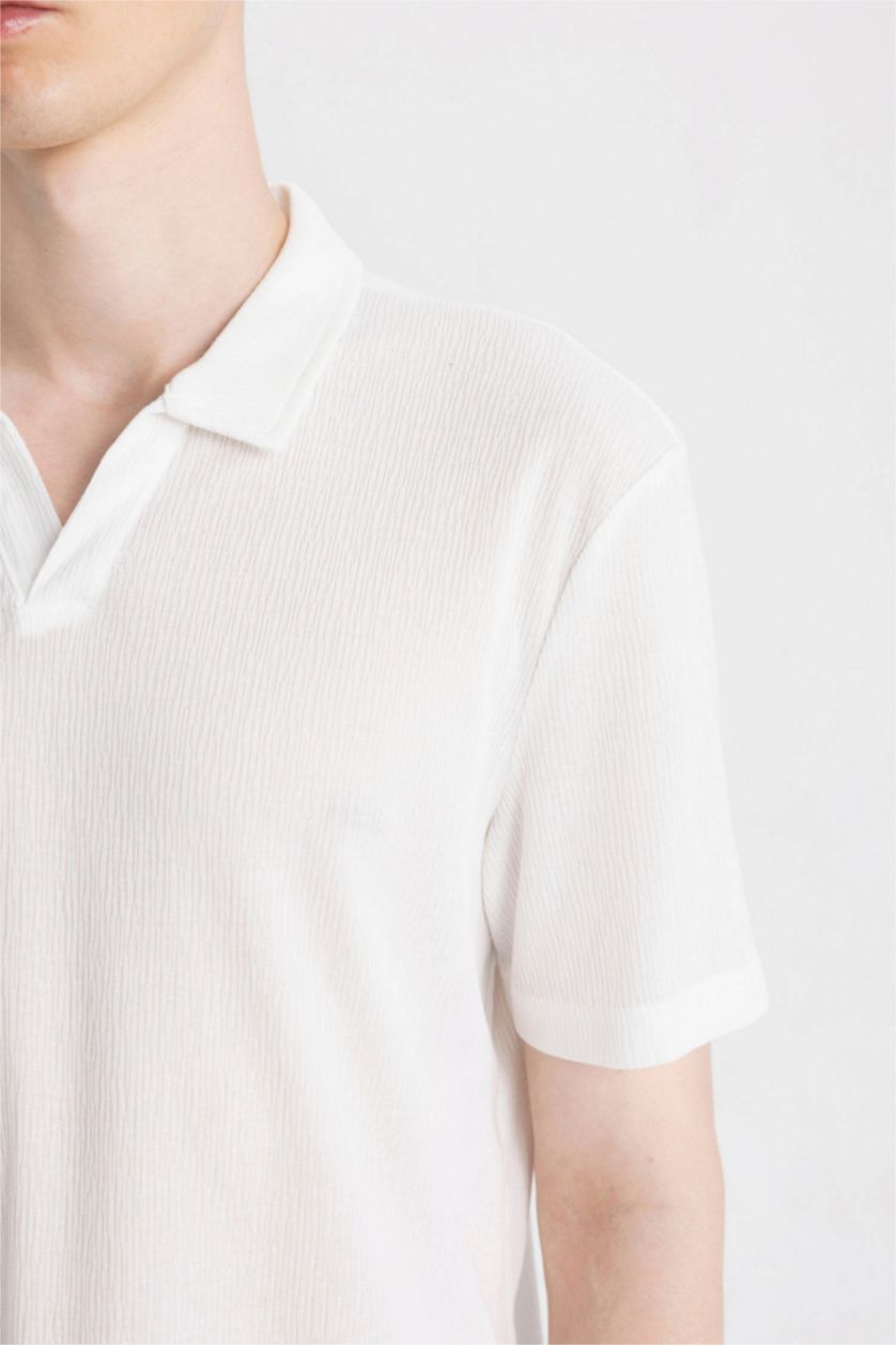 Erkek Kırık Beyaz Slim Fit Dar Kesim Polo Yaka Kısa Kollu Tişört