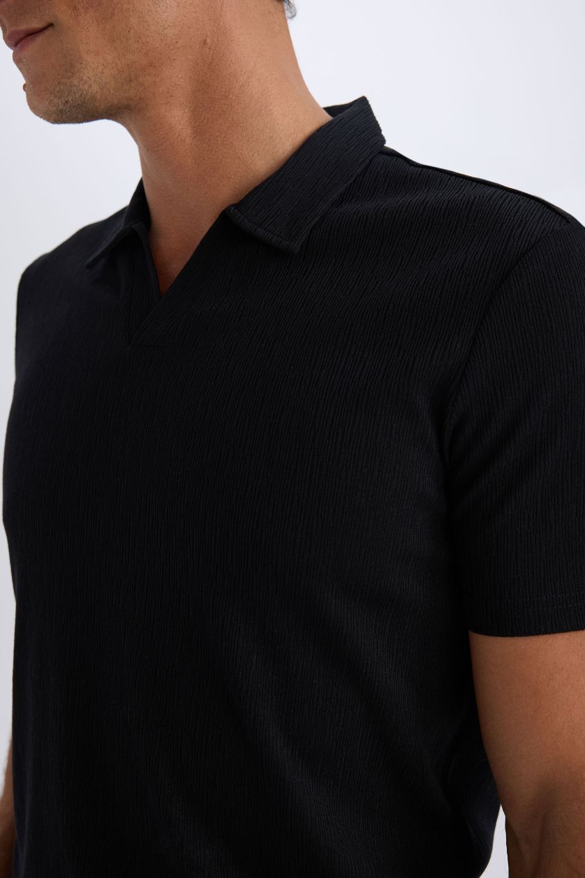 Erkek Siyah Slim Fit Dar Kesim Polo Yaka Kısa Kollu Siyah Tişört