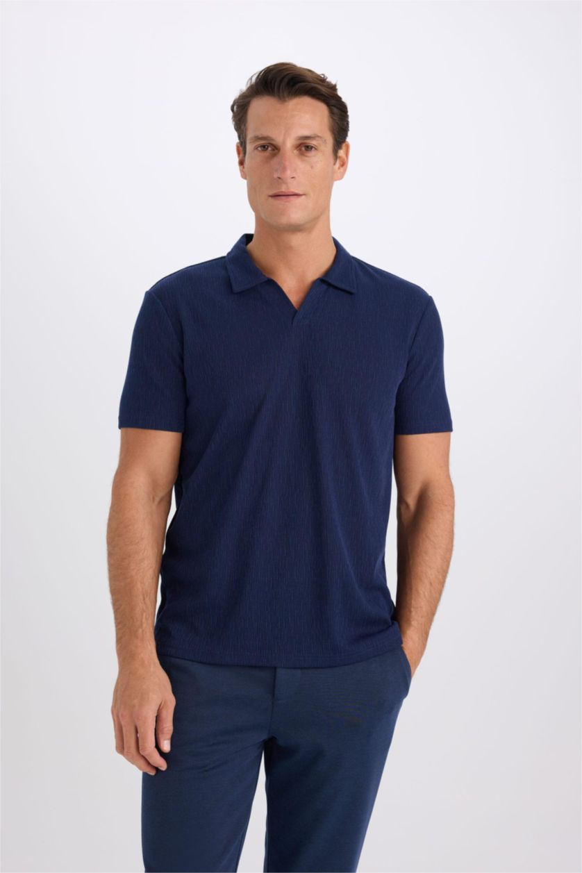 Erkek Lacivert Slim Fit Dar Kesim Polo Yaka Kısa Kollu Tişört