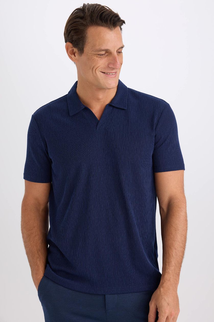 Erkek Lacivert Slim Fit Dar Kesim Polo Yaka Kısa Kollu Tişört
